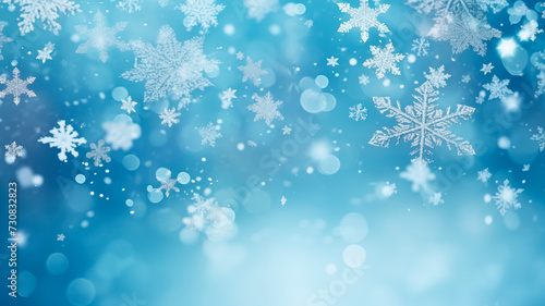 Winter background, falling beautiful snowflakes, selective focus. Falling snow and snowflakes close-up on a blue background © Mariia