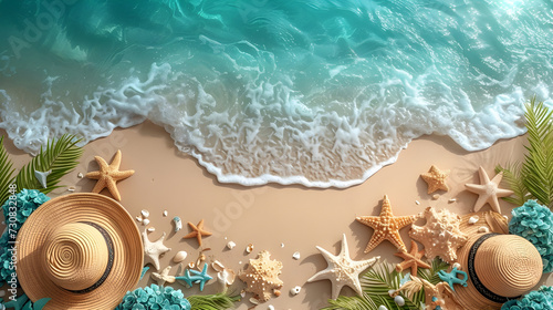 A bird's-eye view of the ocean waves crashing onto a beach decorated with colorful shells and starfish ,background style ,flat images