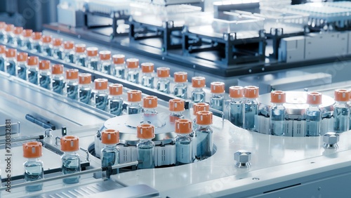 Vaccine Production Facility. Medication Manufacturing Process. Glass Vials with Orange Caps on Conveyor Belt. Medical Ampoule Production Line at Modern Pharmaceutical Factory.