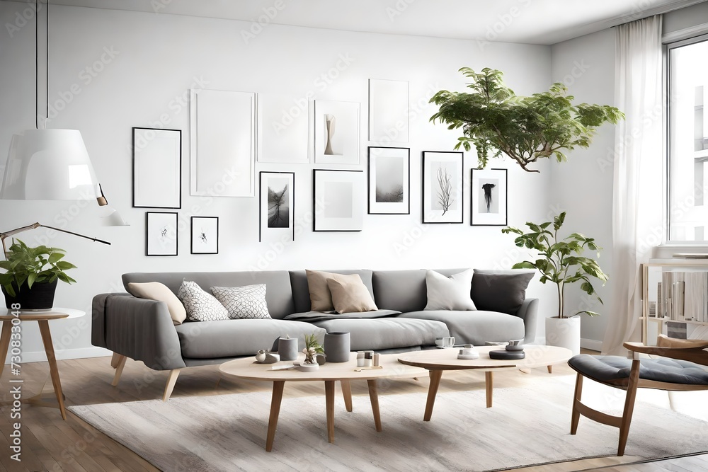 Immerse yourself in the simplicity of a Scandinavian-inspired living room, boasting clean lines, an empty wall mockup, and a white blank frame as a focal point. Immerse yourself in the simplicity of a Scandinavian-inspired living room, boasting clean lines, an empty wall mockup, and a white blank frame as a focal point.