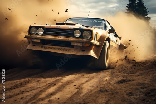 Racing car leaving a cloud of dust and debris behind as it accelerates through a gravel section of the racetrack © Haider