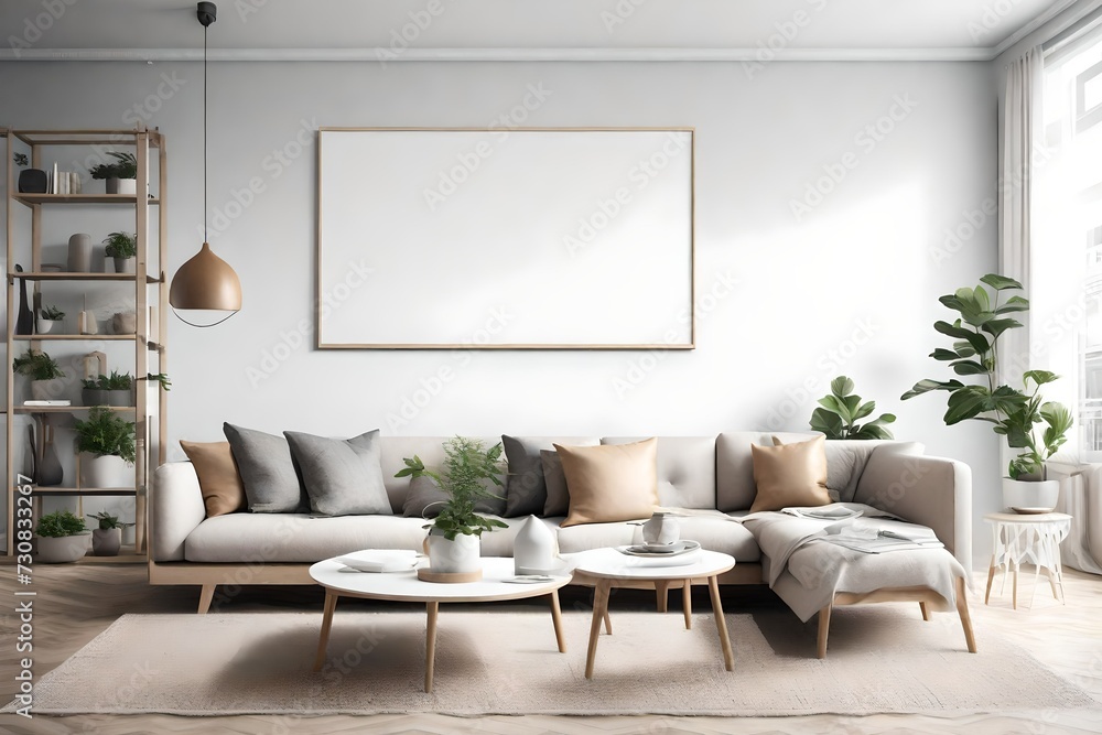 Discover the epitome of modern living in this room, boasting a Scandinavian-style sofa, an empty wall mockup, and a white blank frame inviting you to personalize your space. Discover the epitome of modern living in this room, boasting a Scandinavian-style sofa, an empty wall mockup, and a white blank frame inviting you to personalize your space.