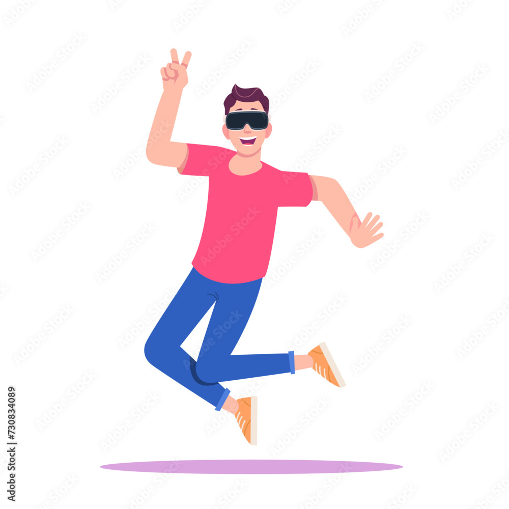 Young man in red T-shirt and sneakers smiling, jumping and having fun Young man in red T-shirt and sneakers smiling, jumping and having fun