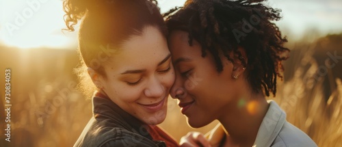 Lesbian couple in love, enjoying a romantic moment in a field of wheat. photo