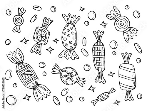 Coloring page candy wrappers Hand drawn doodle illustration.