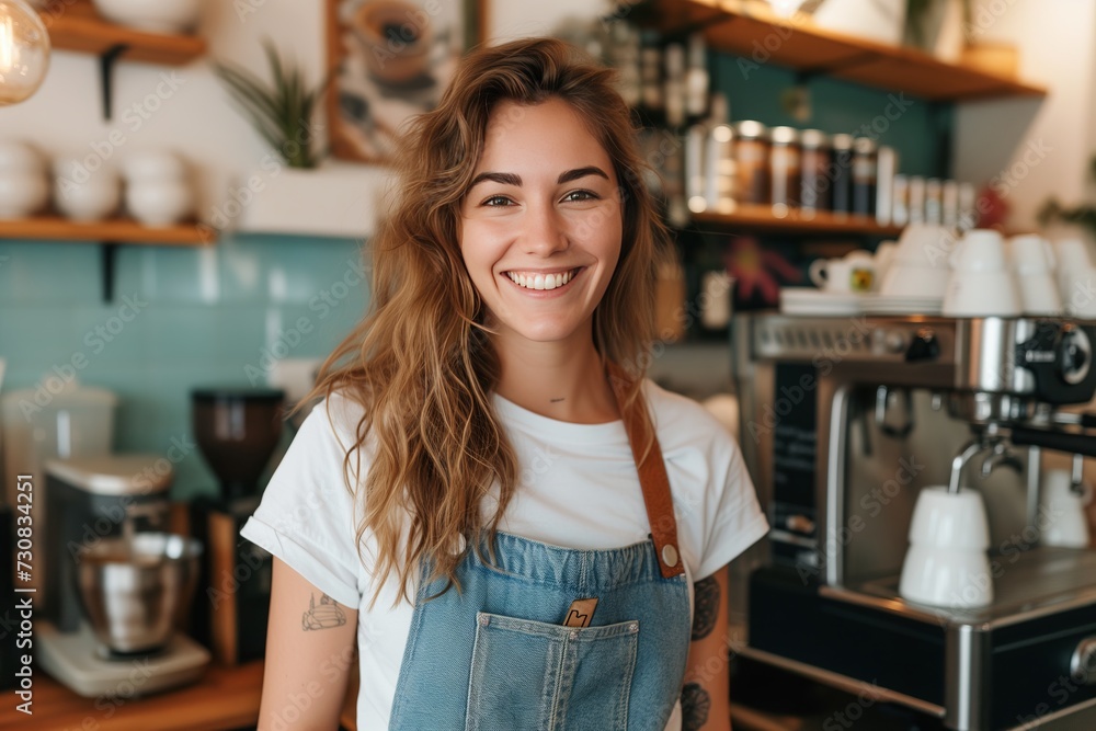 Portrait of a beautiful barista girl in an apron in a modern cafe bar. Startup successful small business owner beauty woman stand in coffee shop restaurant. Business concept.