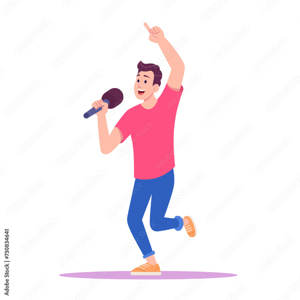 Young man in red T-shirt and sneakers dancing and singing karaoke song. Young man in red T-shirt and sneakers dancing and singing karaoke song.