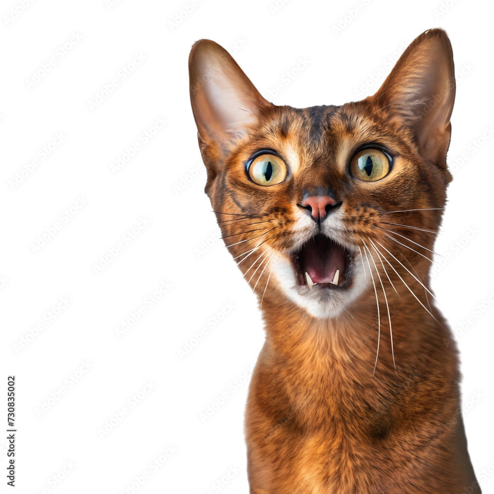 Abyssinian cat portrait funny with amazed face, isolated on transparent background