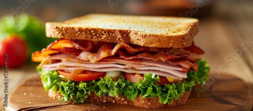Image of a turkey  bacon  ham  tomato  cheese  and lettuce club sandwich