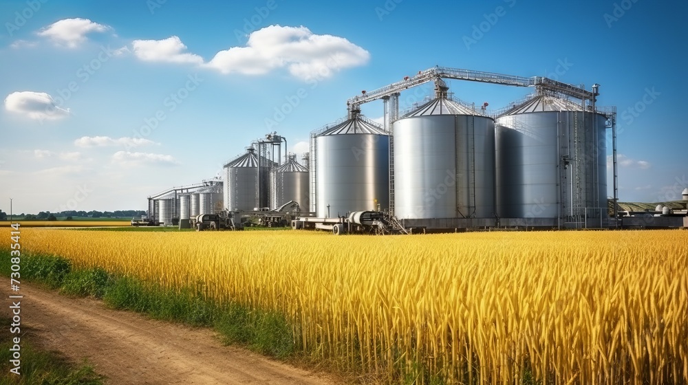 Granaries in a yellow field against a blue sky. Agricultural industry. Granaries in a yellow field against a blue sky. Agricultural industry.
