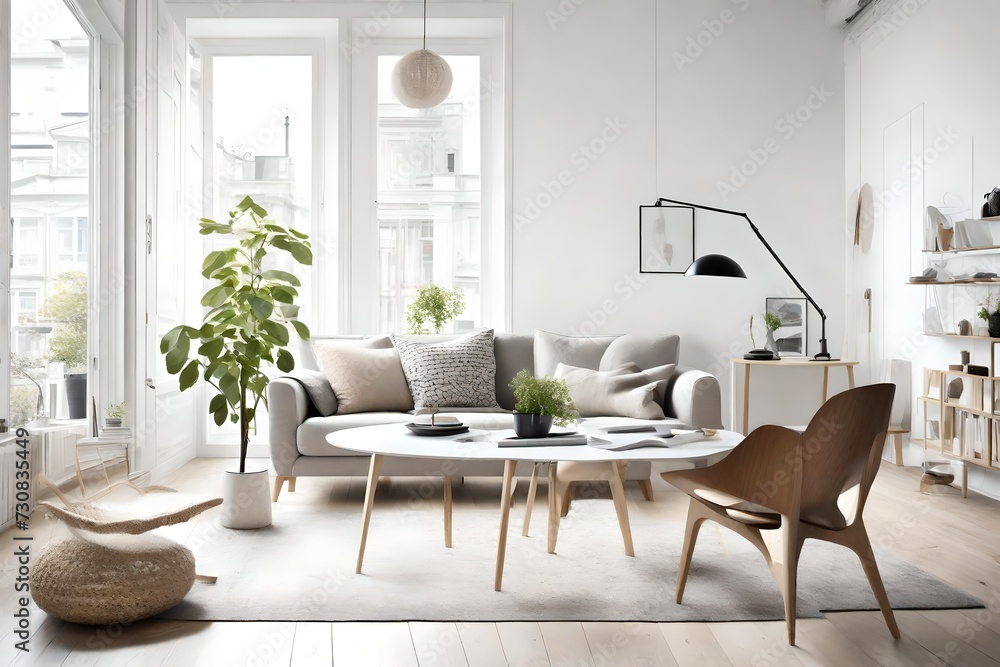 A modern and airy living space adorned with simple furniture, a chic chair, and table, against a clean backdrop in Scandinavian style. A modern and airy living space adorned with simple furniture, a chic chair, and table, against a clean backdrop in Scandinavian style.