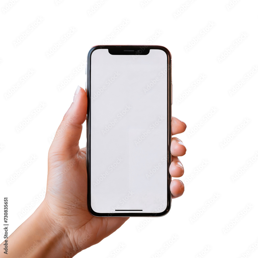 Hand holding a smartphone with white blank screen, png file of isolated cutout on transparent background Hand holding a smartphone with white blank screen, png file of isolated cutout on transparent background