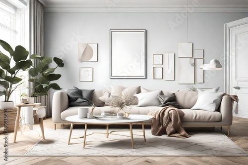 Dive into the sophistication of a 3D-rendered living room, echoing Scandinavian charm, with an empty wall mockup and a white blank frame poised for creative expression. © Tae-Wan