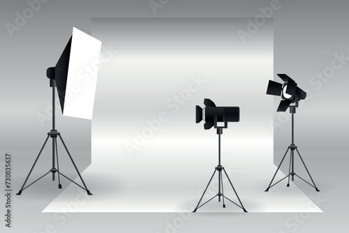 Photography studio vector. Photo studio white empty background with soft light box photo