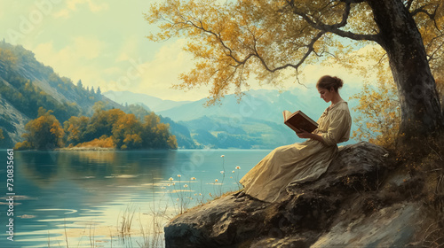 femme en train de lire, assise sur un rocher à côté d'un lac - style tableau ancien photo