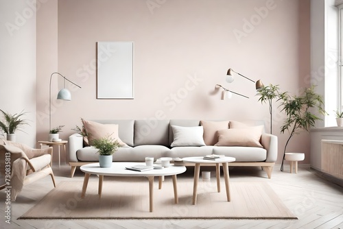 Embrace the simplicity of Scandinavian design a   a serene living room featuring a basic sofa and coffee table against an empty wall mock-up in soothing pastel colors.