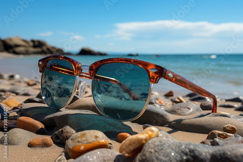 Closeup of protective sunglasses on sandy beach at tropical seaside on warm sunny day. Summer vacation concept.
