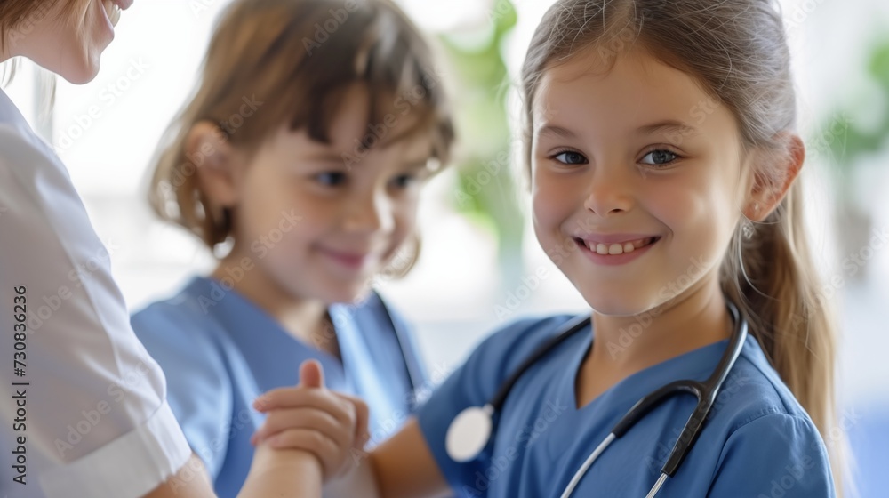 Little girl dressed in a professional nurse costume, portrays the role with dedication, demonstrating compassionate care and attentiveness towards patients. Little girl dressed in a professional nurse costume, portrays the role with dedication, demonstrating compassionate care and attentiveness towards patients.