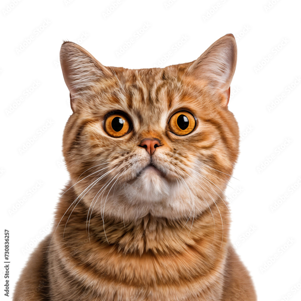 Funny cute orange british shorthair cat close up, front view, transparent, isolated on white