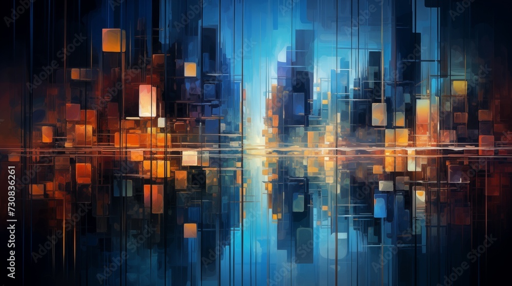 Illustration of countless skyscrapers in a grand cityscape, both mysterious and beautiful, under the night sky, capturing the depth and beauty of the urban landscape.
