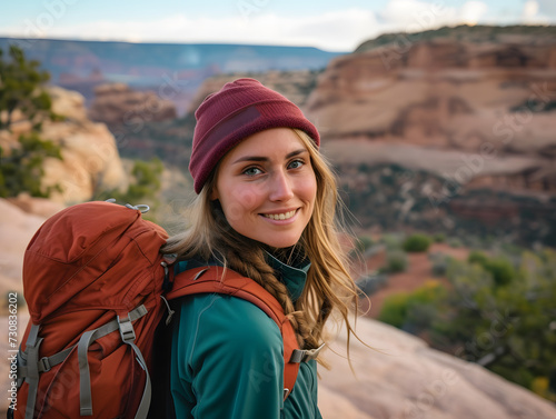 Smiling young woman with hiking backpack enjoying the view while standing on top of mountain. Portrait of a smiling relaxed woman during mountain hiking. Adventure, travel and vacation concept.