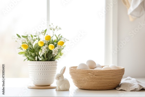 white Easter background with eggs, bunny rabbit figurine  and spring flowers in minimal kitchen near window in the morning or daytime