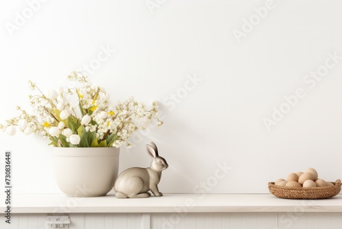 minimal Easter background with eggs, bunny rabbit figurine  and spring flowers on kitchen counter with copy space center and top photo