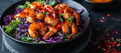 American cuisine-style black bowl with fried crunchy shrimps, shredded red cabbage, tomatoes, sweet red pepper, green onions, and sauce.