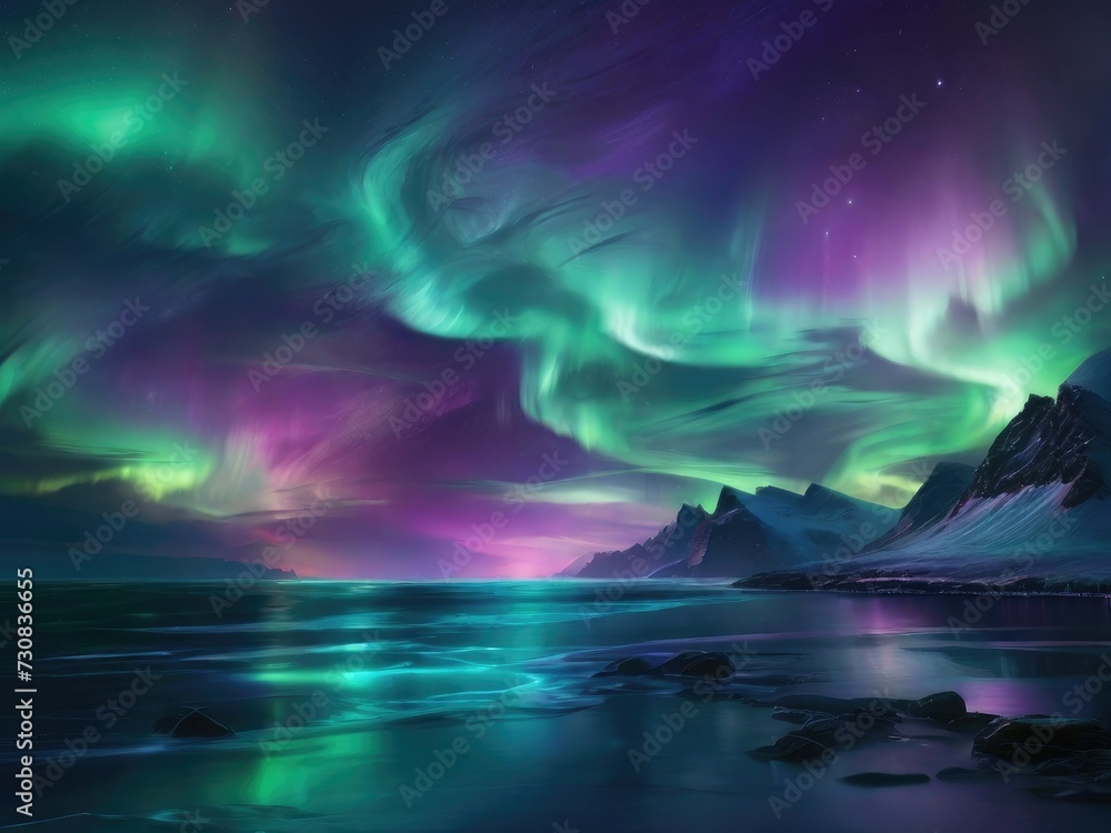 Aurora Symphony: Abstract Elegance with Swirling Lights in Deep Purples and Emerald Greens
