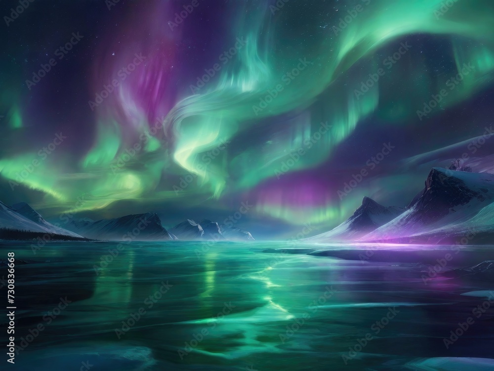 Fototapeta premium Aurora Rhapsody: Abstract Beauty in Deep Purples and Emerald Greens Inspired by the Skies