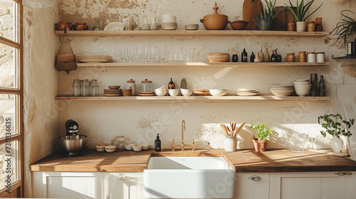 A minimalist kitchen with open shelving and a farmhouse sink.