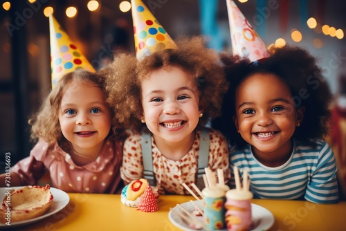 diverse children at kids girls birthday decorated party having fun wearing festive cone hats with cake and sweets desserts and snacks photo