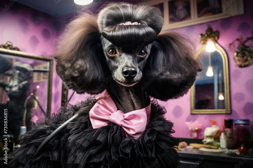 retro vintage poster of black poodle dog with pink bowtie	at grooming salon with glamour  magenta purple interior design