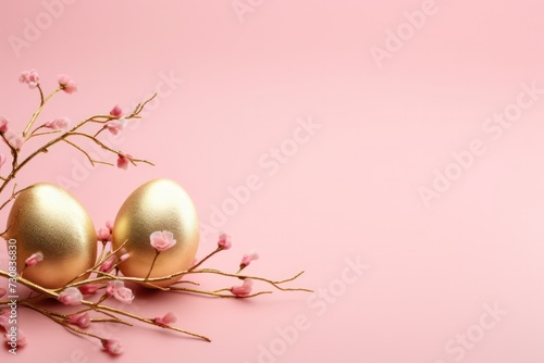 golden easter eggs with a spring branch on pastel pink background copy space right photo