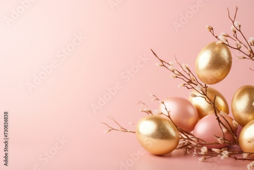 golden easter eggs with a spring branch on pastel pink background copy space left photo