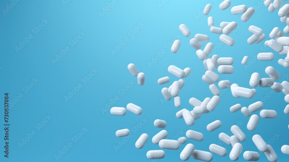 white capsules and pills falling down on blue background copy space left top. Pharmaceutical business and medical science. white capsules and pills falling down on blue background copy space left top. Pharmaceutical business and medical science.