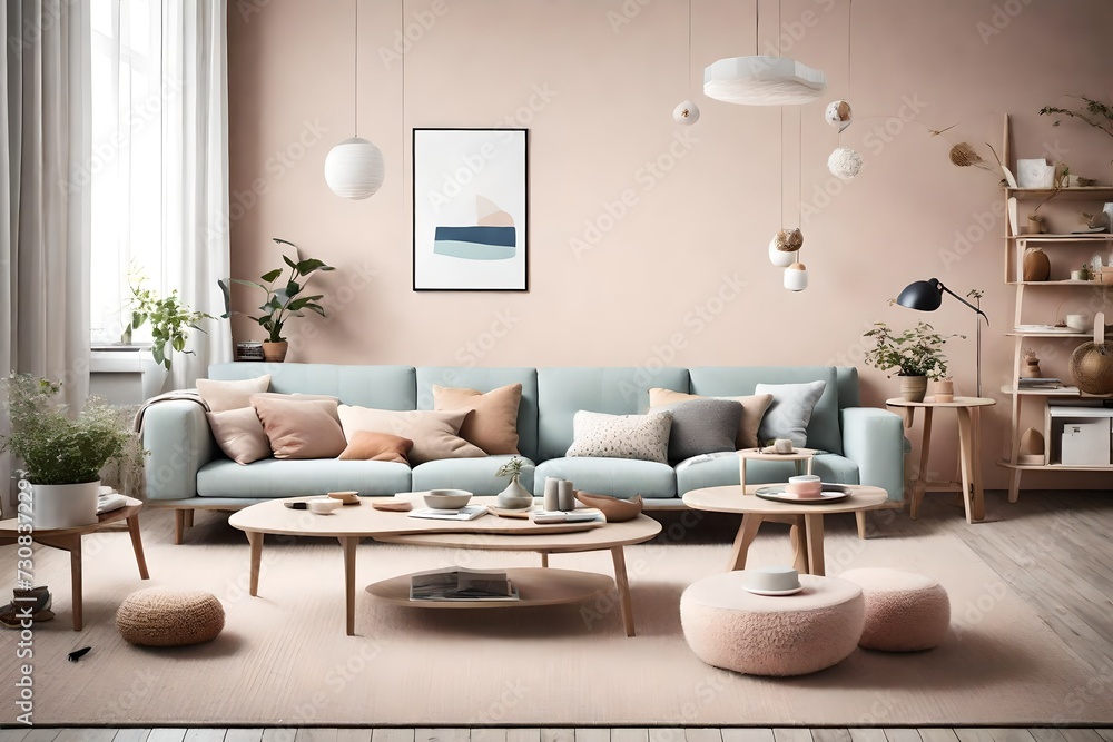 Transport yourself to a Scandinavian-inspired living room featuring a plush sofa and a sleek coffee table, surrounded by gentle pastel hues and an empty wall for your artistic imagination. Transport yourself to a Scandinavian-inspired living room featuring a plush sofa and a sleek coffee table, surrounded by gentle pastel hues and an empty wall for your artistic imagination.