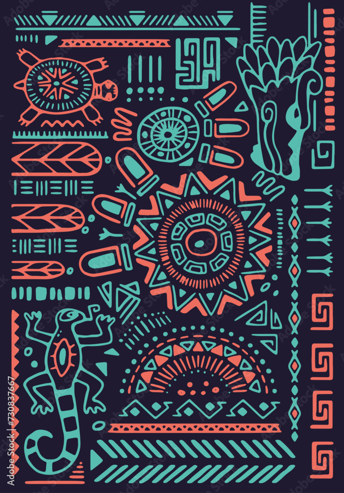 Ethnic pattern on ancient poster. Aztec background. Tribal elements, geometric shapes, abstract animal symbols. Peruvian ornament on wall art, interior decor. Flat vector illustration in boho style Ethnic pattern on ancient poster. Aztec background. Tribal elements, geometric shapes, abstract animal symbols. Peruvian ornament on wall art, interior decor. Flat vector illustration in boho style