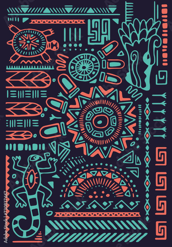 Ethnic pattern on ancient poster. Aztec background. Tribal elements, geometric shapes, abstract animal symbols. Peruvian ornament on wall art, interior decor. Flat vector illustration in boho style