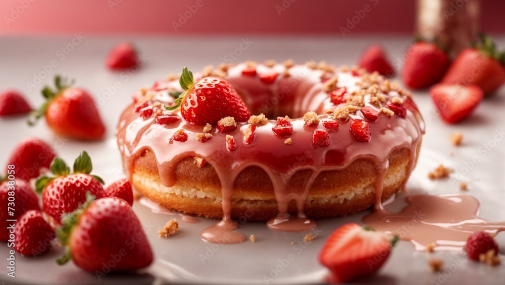 Glazed strawberry doughnut, cinematic donut dessert food photography, studio lighting and background Glazed strawberry doughnut, cinematic donut dessert food photography, studio lighting and background