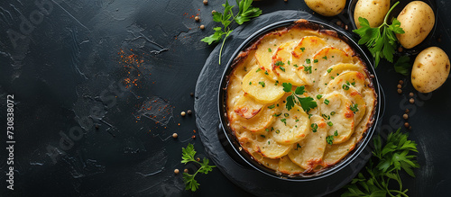 Potato scallops: Layers of thinly sliced ​​potatoes baked in a creamy sauce made from milk, cheese and butter. photo