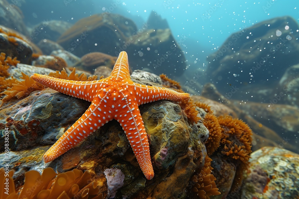 Orange sea star in clean underwater ocean Orange sea star in clean underwater ocean