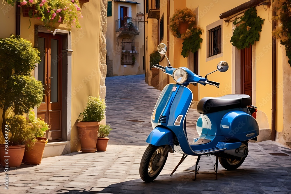 Scenic view of a blue scooter leisurely parked on the sunlit streets of a small Italian town, exuding a timeless and tranquil atmosphere