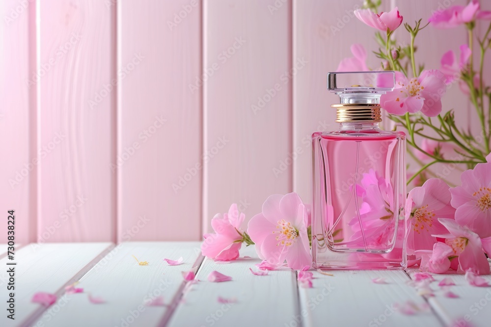Perfume bottle with fresh flowers on wooden background Perfume bottle with fresh flowers on wooden background