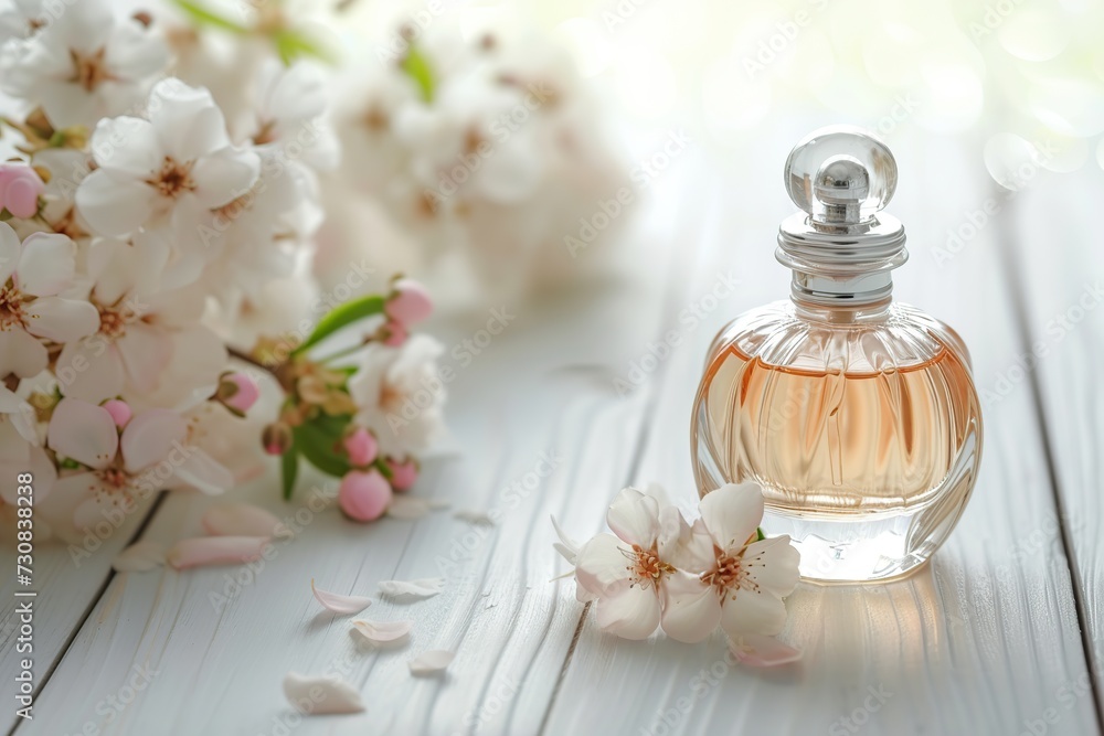 Perfume bottle with fresh flowers on wooden background