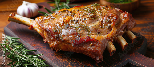 Roast lamb is a traditional Easter dish, the leg of lamb is seasoned with garlic, rosemary, salt and pepper. photo