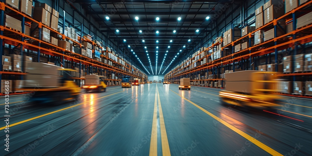 Warehouse Workers on the Move: A Nighttime Shot of a Fully Lit Warehouse with Trucks and Boxes Generative AI Warehouse Workers on the Move: A Nighttime Shot of a Fully Lit Warehouse with Trucks and Boxes Generative AI