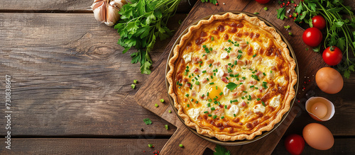 Quiche is a savory pie consisting of a pastry crust filled with a custard of eggs and cream, as well as various ingredients such as cheese, vegetables, and meat.