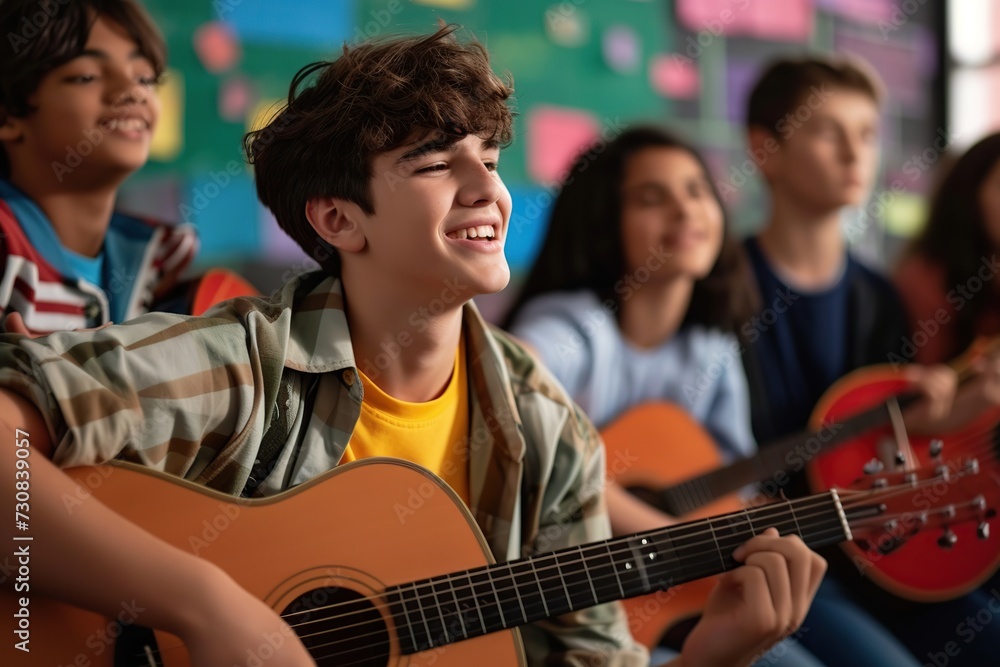 Fototapeta premium Boy band singing in school