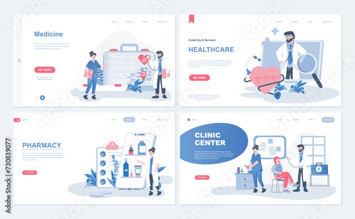 Medicine web concept for landing page in flat design. Medical services, healthcare programs, pharmacy and online drugstore, clinic center. Vector illustration with people characters for homepage © alexdndz